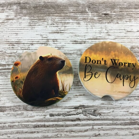 Don't Worry Be Capy Capybara Car Coasters Set of 2 - Picture 4 of 6